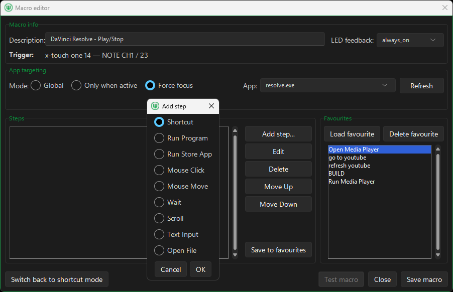 Macro editor in MIDI Command Studio